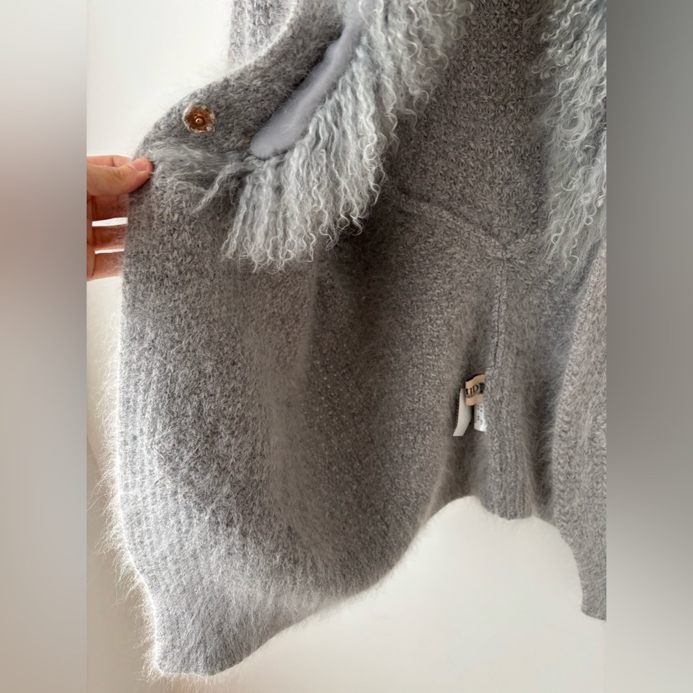 Wool Blend Cardigan Coat With Removable Mongolian Fur Collar Gray Size L - Picture 7 of 13